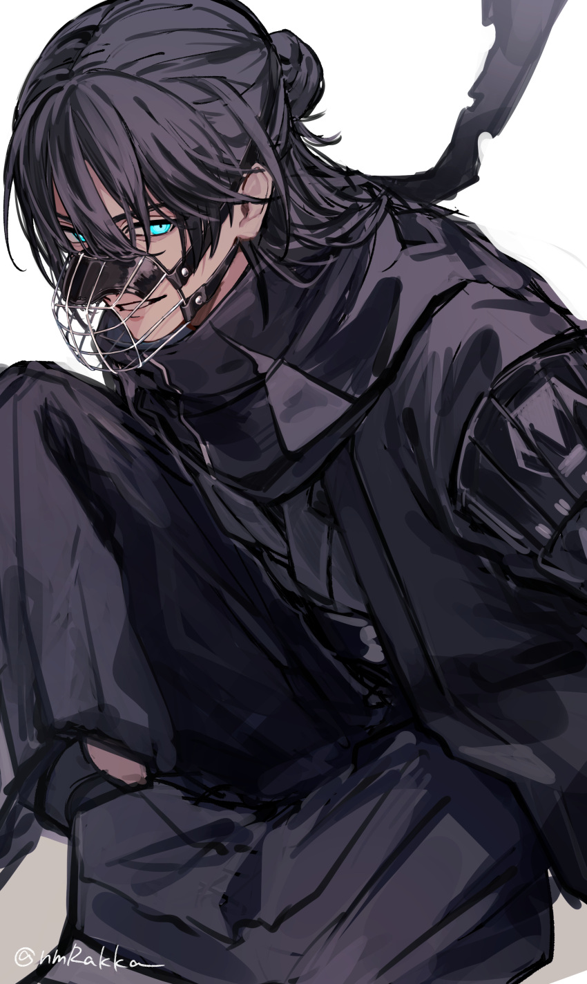 1boy, absurdres, black_hair, black_hakama, black_kimono, black_scarf, blue_eyes, feet_out_of_frame