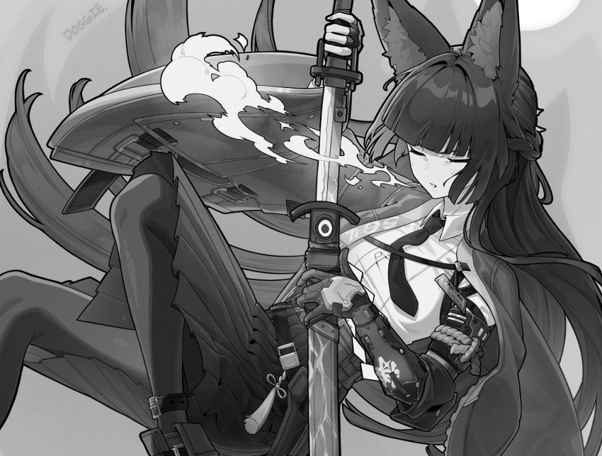 1girl, animal_ear_fluff, animal_ears, ankle_boots, ankle_strap, belt, black_hair, black_necktie, black_pantyhose, black_skirt, blunt_bangs, boots, braid, closed_eyes, collared_shirt, doggie117, dress_shirt, fingerless_gloves, fox_ears, fox_girl, gauntlets, gloves, half_up_braid, highres, holding, holding_sword, holding_weapon, hoshimi_miyabi, id_card, katana, long_hair, long_sleeves, necktie, pantyhose, pleated_skirt, sheath, shirt, single_fingerless_glove, single_gauntlet, skirt, solo, sword, unsheathing, weapon, white_shirt, wide_sleeves, zenless_zone_zero