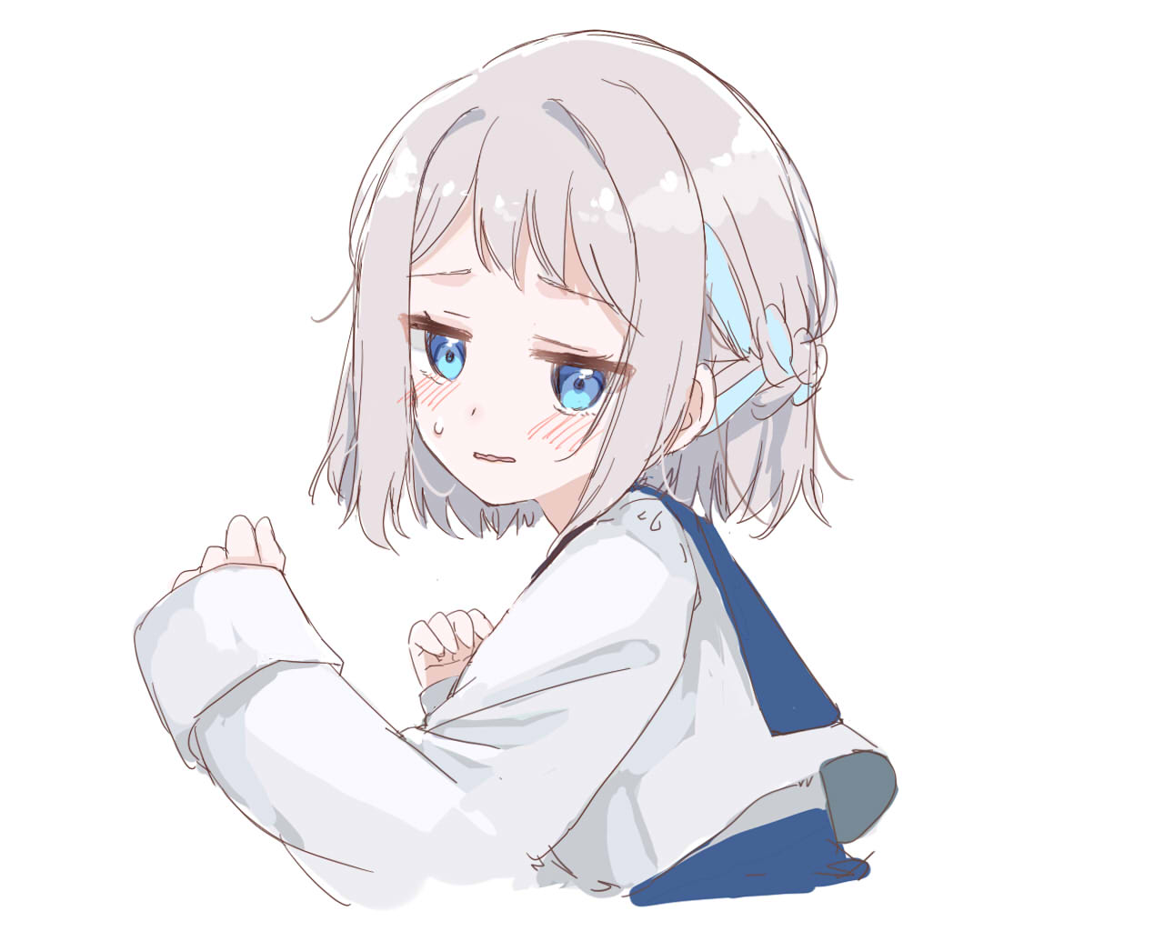 1girl, blue_eyes, blue_ribbon, blush, cropped_torso, gakuen_idolmaster, grey_hair, hair_ribbon