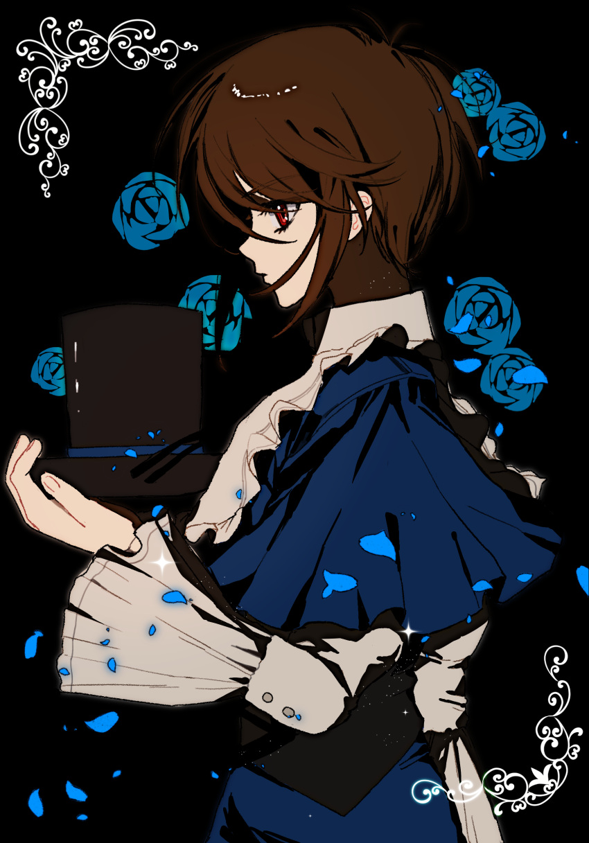 1girl, black_background, black_hat, blue_flower, blue_rose, brown_hair, chinese_commentary, closed_mouth