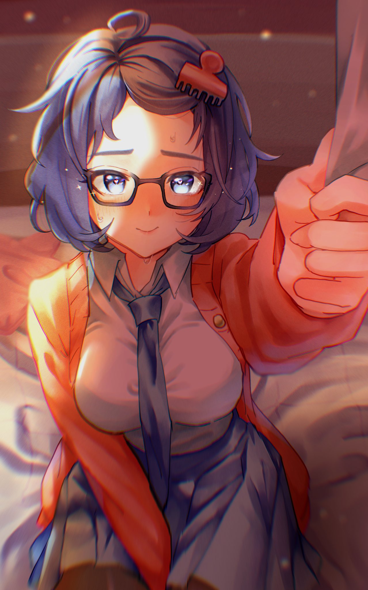 1girl, banana_(8771207), bed_sheet, black-framed_eyewear, blue_eyes, blue_hair, blue_necktie, blue_skirt