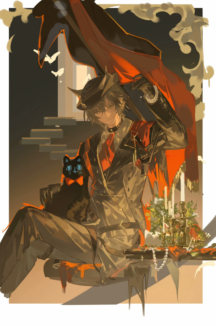 1boy, absurdres, animal_ears, arknights, arm_up, black_collar, black_gloves, black_hat, black_jacket, bow, bowtie, cande, candlestand, cat, cat_boy, cat_ears, closed_mouth, collar, collared_shirt, feet_out_of_frame, gloves, grey_hair, hair_between_eyes, hat, highres, jacket, lapels, lin_qing_(phosphorus_1104), long_sleeves, looking_at_viewer, male_focus, necktie, notched_lapels, official_alternate_costume, open_clothes, pants, phantom_(arknights), phantom_(dream_within_a_dreammare)_(arknights), red_bow, red_bowtie, red_necktie, shirt, short_hair, sitting, white_shirt, wing_collar, yellow_eyes