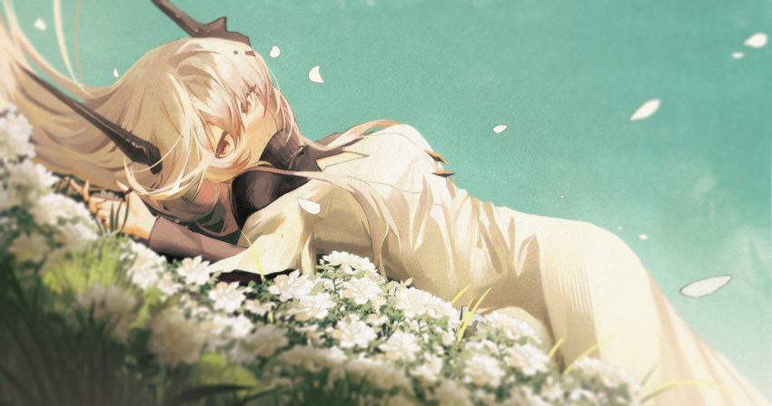 1girl, absurdres, arknights, black_horns, blue_sky, closed_mouth, demon_horns, dress