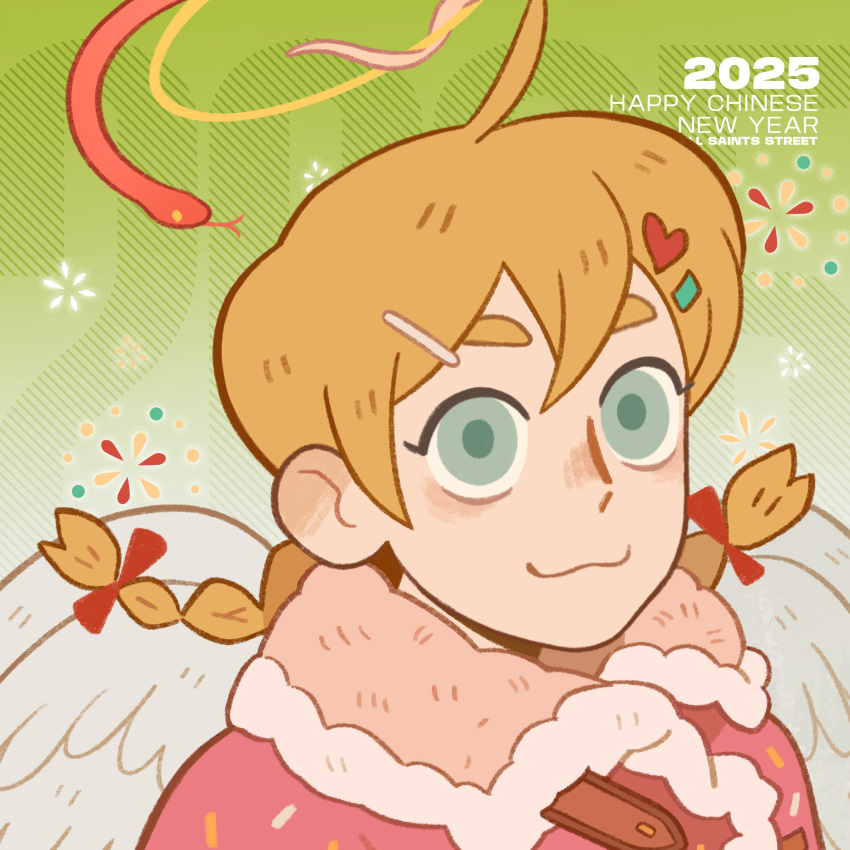 1girl, 2025, :3, ahoge, all_saints_street, angel, blonde_hair, bow