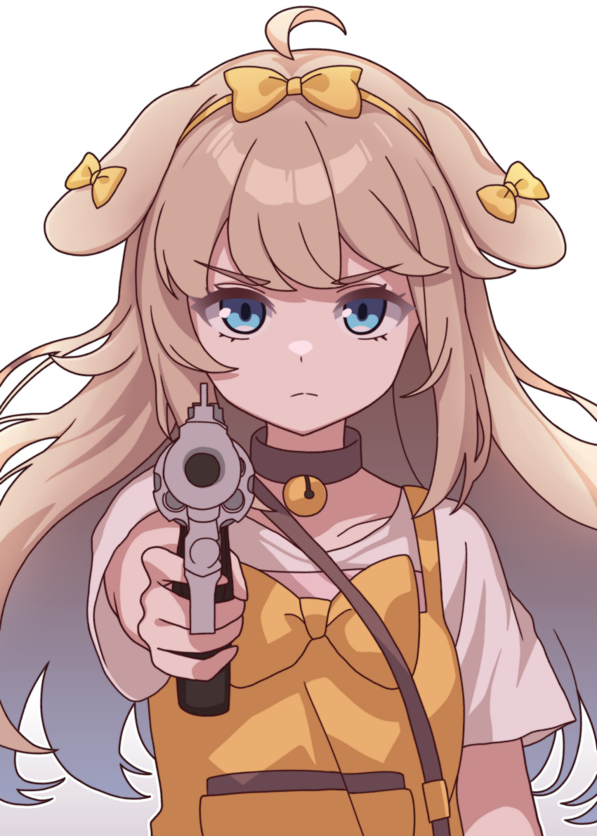 1girl, absurdres, ahoge, aiming, animal_ears, bell, blue_eyes, bow