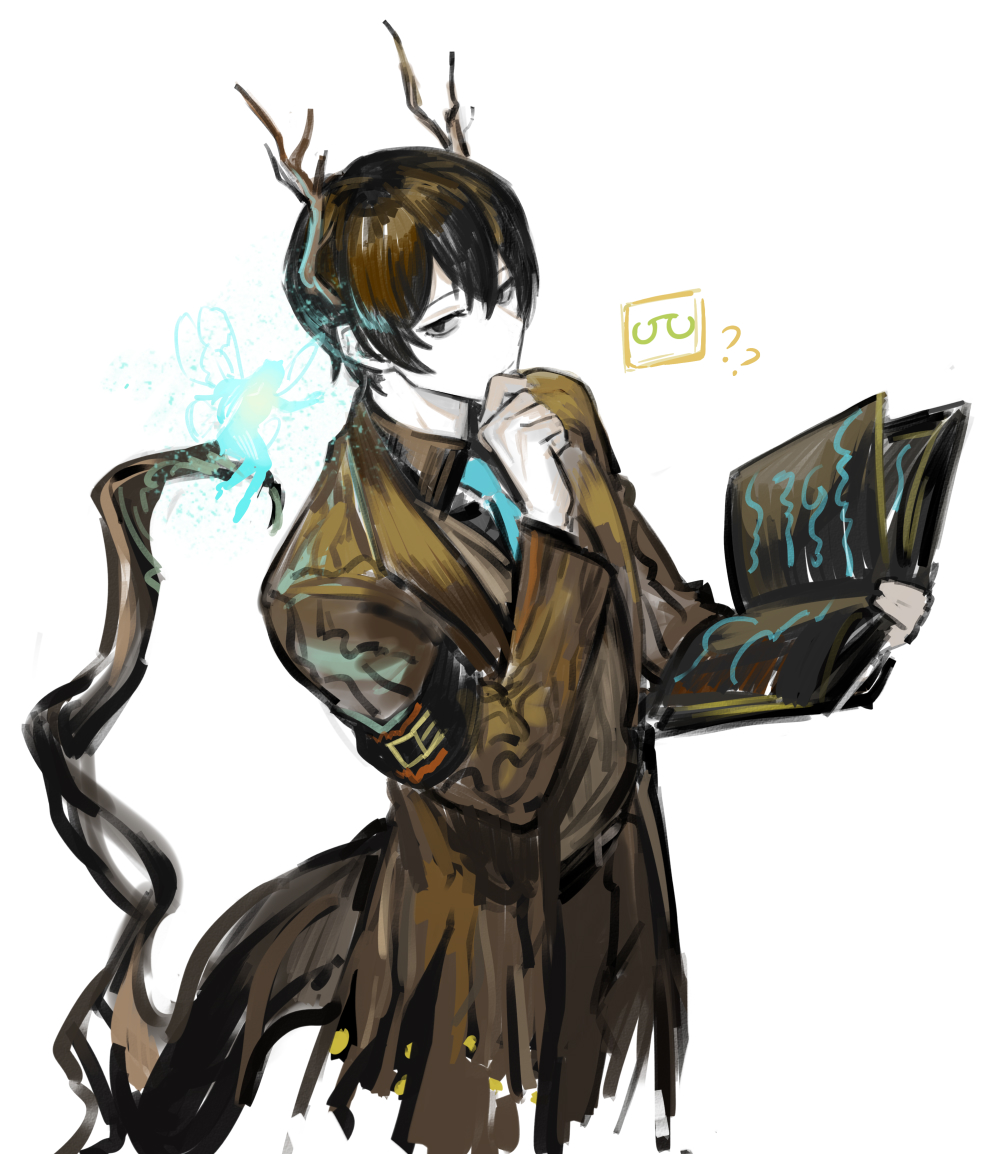 1boy, armband, belt, black_armband, black_belt, black_eyes, black_hair, book