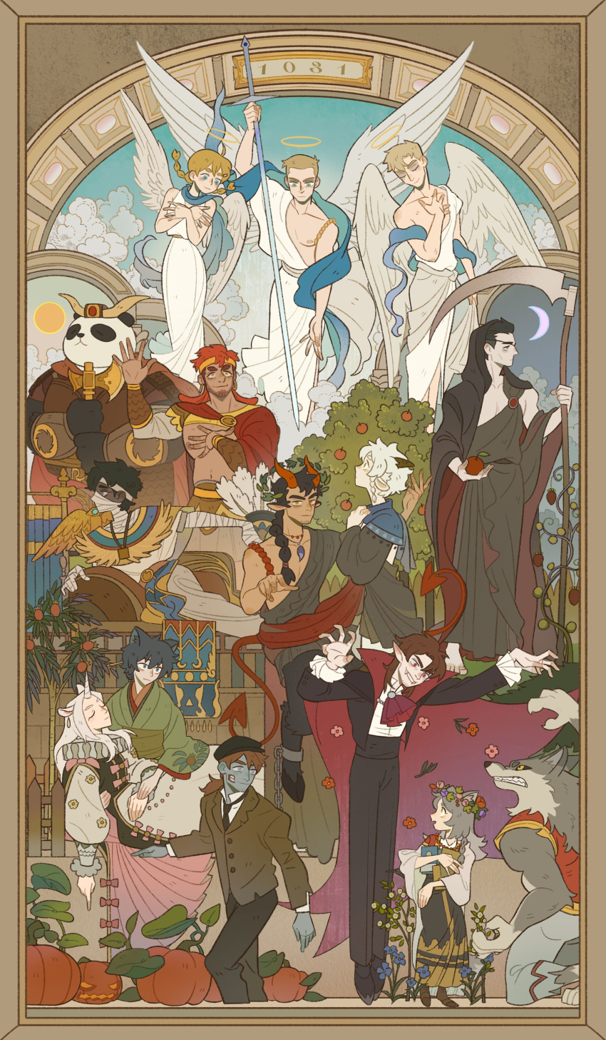 4girls, 6+boys, :d, absurdres, abu_(all_saints_street), all_saints_street, ancient_egyptian_clothes, ancient_greek_clothes