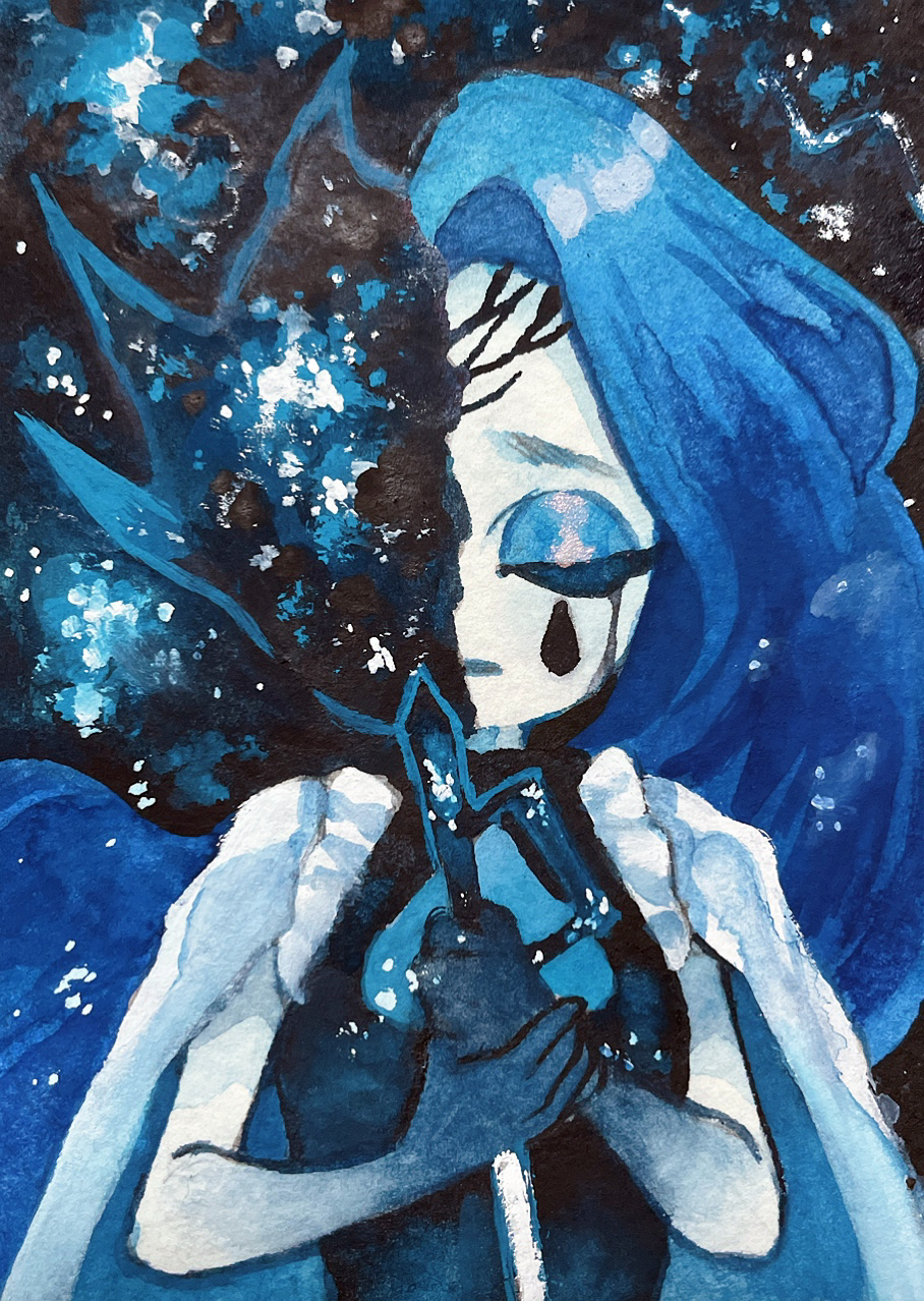1girl, black_dress, blue_cape, blue_eyeshadow, blue_hair, blue_skin, cape, closed_eyes