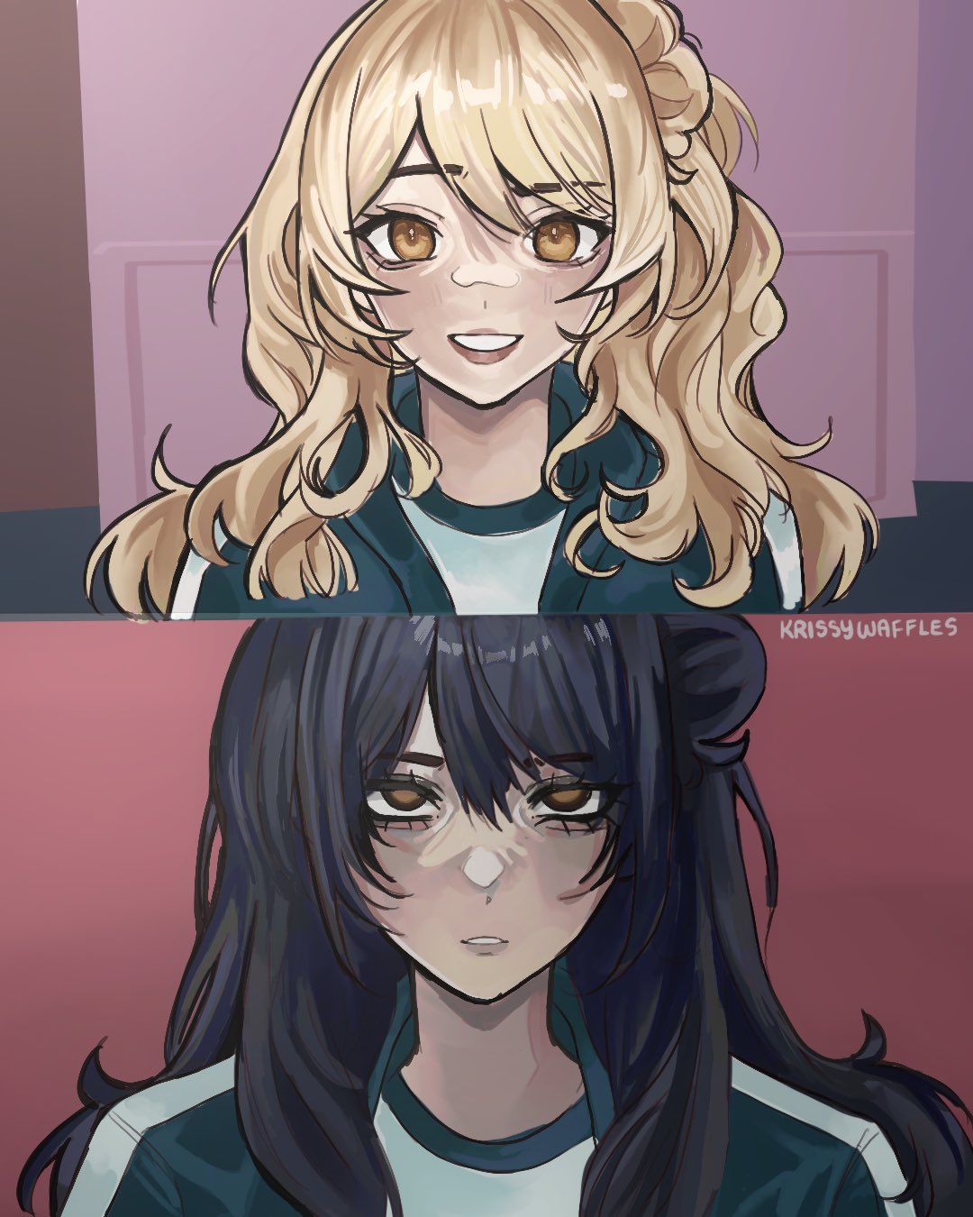 1girl, before_and_after, black_hair, blonde_hair, class_of_09, green_track_suit, grin, hair_bun