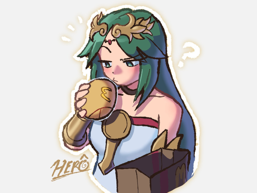 1girl, ?, artist_logo, burger, circlet, cropped_torso, food, green_eyes, green_hair, grey_background, highres, holding, holding_burger, holding_food, kaze_n0_takuto, kid_icarus, kid_icarus_uprising, logo, mcdonald's, palutena, solo, vambraces