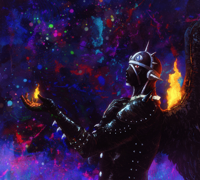 1boy, absurdres, album-aurum, arm_spikes, black_gloves, black_wings, dark_background, fire