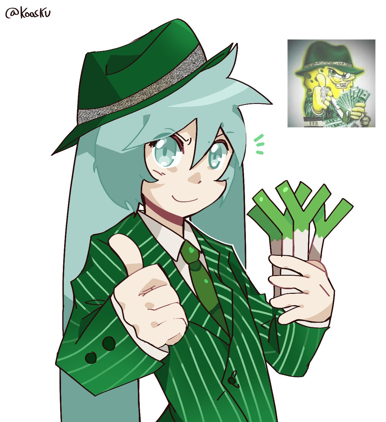 1girl, aqua_eyes, aqua_hair, artist_name, closed_mouth, collared_shirt, fedora, food