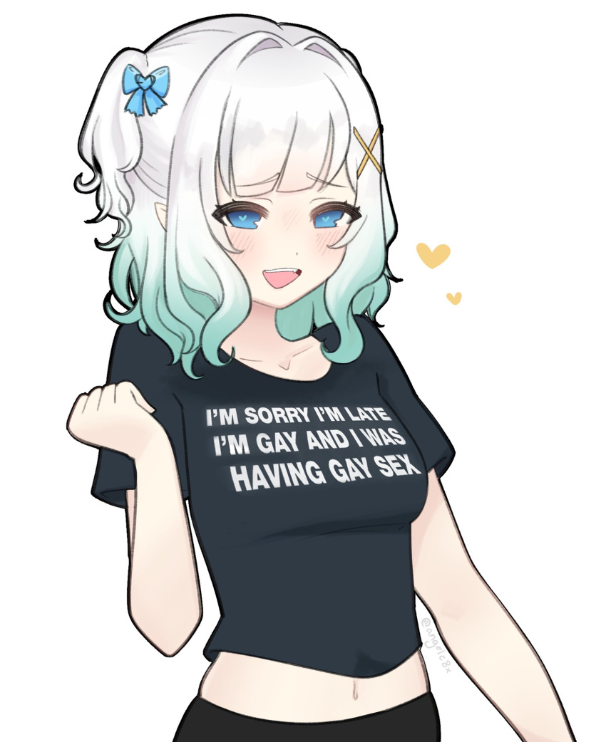 1girl, alternate_costume, angelc8x, black_shirt, blue_bow, blue_eyes, bow, english_text