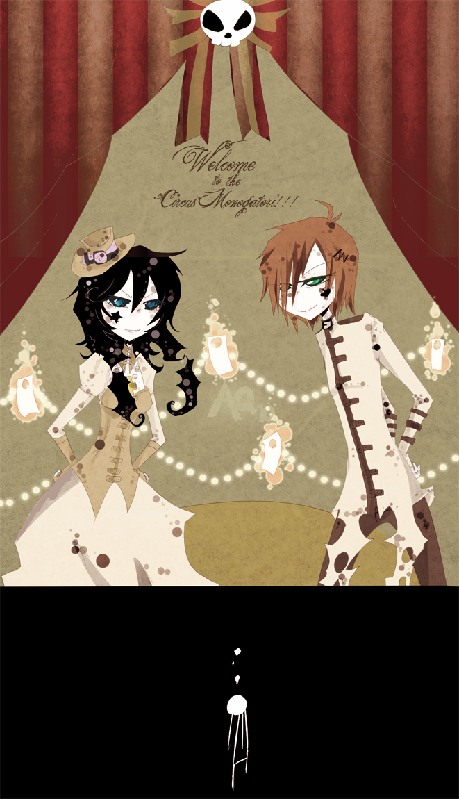 aria_quarzo, beads, black_hair, blue_eyes, bow, brown_hair, circus, curtains, dress, green_eyes, hat, original, short_hair, skull, smile