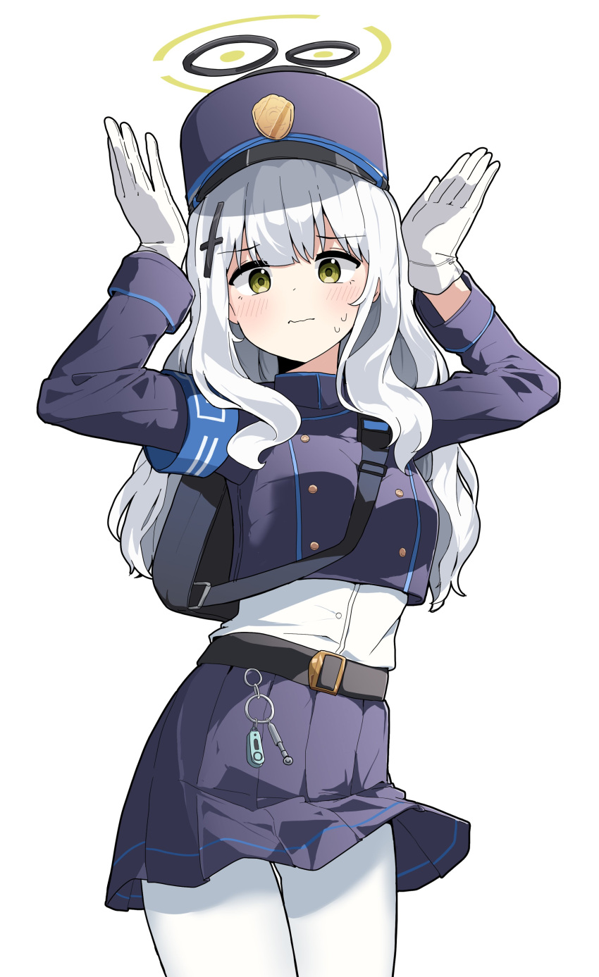 1girl, absurdres, armband, blue_archive, blue_armband, blue_hat, blue_jacket, blue_skirt, blunt_bangs, blush, buttons, closed_mouth, clothes_lift, collared_jacket, cosplay, cowboy_shot, double-breasted, gloves, green_eyes, halo, hands_on_own_head, hare_(blue_archive), hat, highres, hikari_(blue_archive), hikari_(blue_archive)_(cosplay), jacket, long_sleeves, looking_at_viewer, miniskirt, mureniii, pantyhose, pleated_skirt, rabbit_pose, shako_cap, shirt, skirt, skirt_lift, solo, sweatdrop, undershirt, white_background, white_gloves, white_hair, white_pantyhose, white_shirt