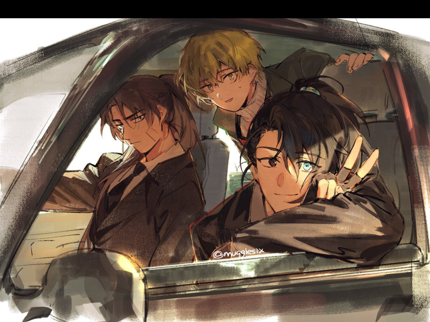 3boys, black_gloves, black_hair, black_jacket, black_necktie, blonde_hair, blue_eyes, brown_hair, closed_mouth, collared_shirt, fingerless_gloves, full-stop_office_(identity)_(project_moon), gloves, hand_up, heathcliff_(project_moon), heterochromia, hong_lu_(project_moon), jacket, limbus_company, long_hair, long_sleeves, looking_at_viewer, mugglesix, multiple_boys, necktie, open_mouth, ponytail, project_moon, shirt, sinclair_(project_moon), smile, sweat, v, very_long_hair, white_shirt, yellow_eyes