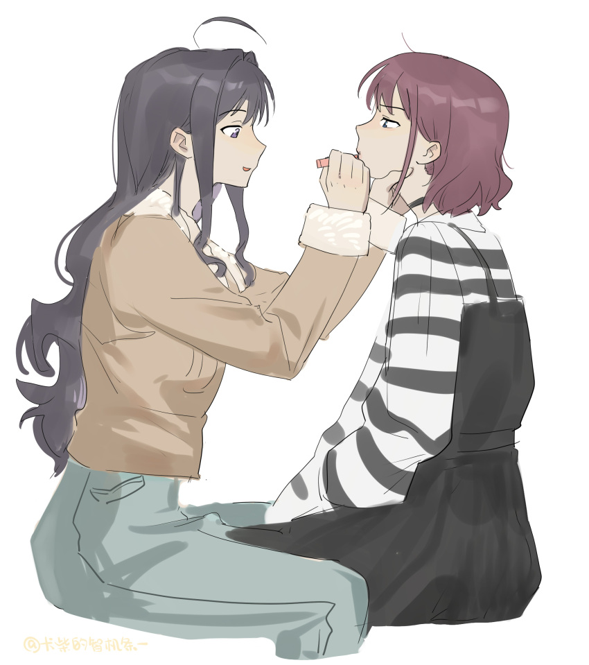2girls, ahoge, applying_lipstick, applying_makeup, awa_subaru, black_choker, black_dress, black_hair