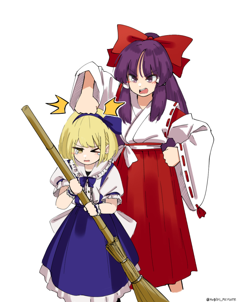 2girls, aged_down, alice_margatroid, alice_margatroid_(pc-98), bamboo_broom, blonde_hair, blue_hairband, blue_skirt, bow, broom, commentary_request, detached_sleeves, hair_bow, hair_tubes, hairband, hakama, hakurei_reimu, hakurei_reimu_(pc-98), highres, hitting, holding, holding_broom, japanese_clothes, long_hair, miko, multiple_girls, mystic_square, open_mouth, purple_hair, red_bow, red_hakama, ribbon-trimmed_sleeves, ribbon_trim, shirt, short_sleeves, simple_background, skirt, suspender_skirt, suspenders, tears, touhou, touhou_(pc-98), twitter_username, violet_eyes, white_background, white_shirt, wide_sleeves, wrist_cuffs, yellow_eyes, yugiri_(yugiri_picture)
