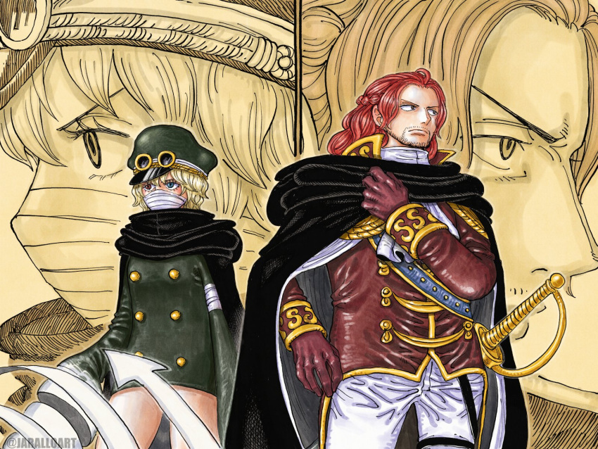 1boy, 1girl, artist_name, ascot, beard_stubble, black_cape, blonde_hair, blue_eyes