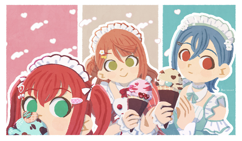3girls, ai_scream!_(love_live!), aiscream_(love_live!), blue_hair, blunt_bangs, bobby_pin, bun_with_braided_base, commentary_request