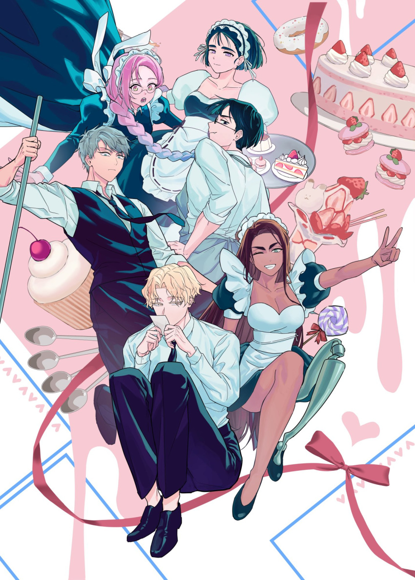 3boys, 3girls, alien_stage, black_dress, black_eyes, black_footwear, black_hair, black_necktie