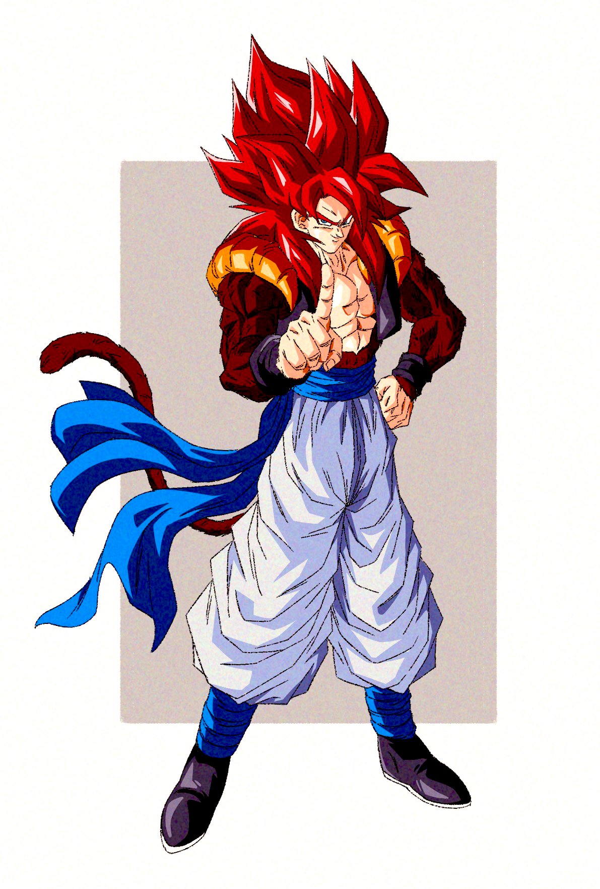 1boy, araaaa453, black_vest, body_fur, brown_fur, brown_tail, cropped_vest, dragon_ball, dragon_ball_gt, full_body, gogeta, hand_on_own_hip, highres, long_hair, metamoran_vest, monkey_tail, muscular, muscular_male, open_clothes, open_vest, pants, red_hair, solo, super_saiyan, super_saiyan_4, tail, vest, white_pants