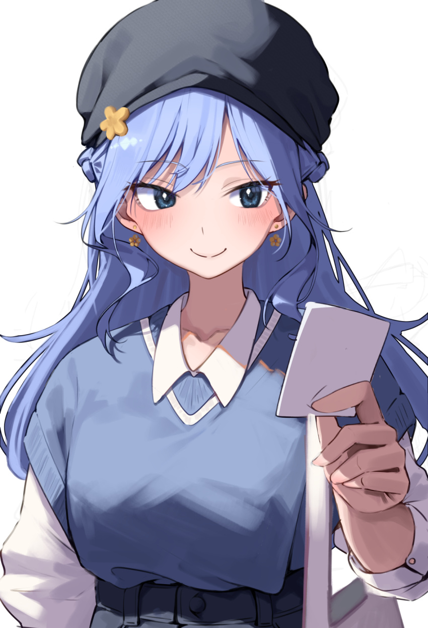 1girl, bag, beanie, black_hat, blue_eyes, blue_hair, blue_sweater, blush, c:, casual, closed_mouth, commentary_request, earrings, eyelashes, eyes_visible_through_hair, fairy_tail, hair_between_eyes, half_up_braid, hand_up, handbag, happy, hat, highres, holding, holding_paper, jewelry, juvia_lockser, lavi_0217, long_hair, long_sleeves, looking_at_object, paper, shirt, short_sleeves, sidelighting, sidelocks, simple_background, smile, solo, split_mouth, sweater, tsurime, white_background, white_shirt