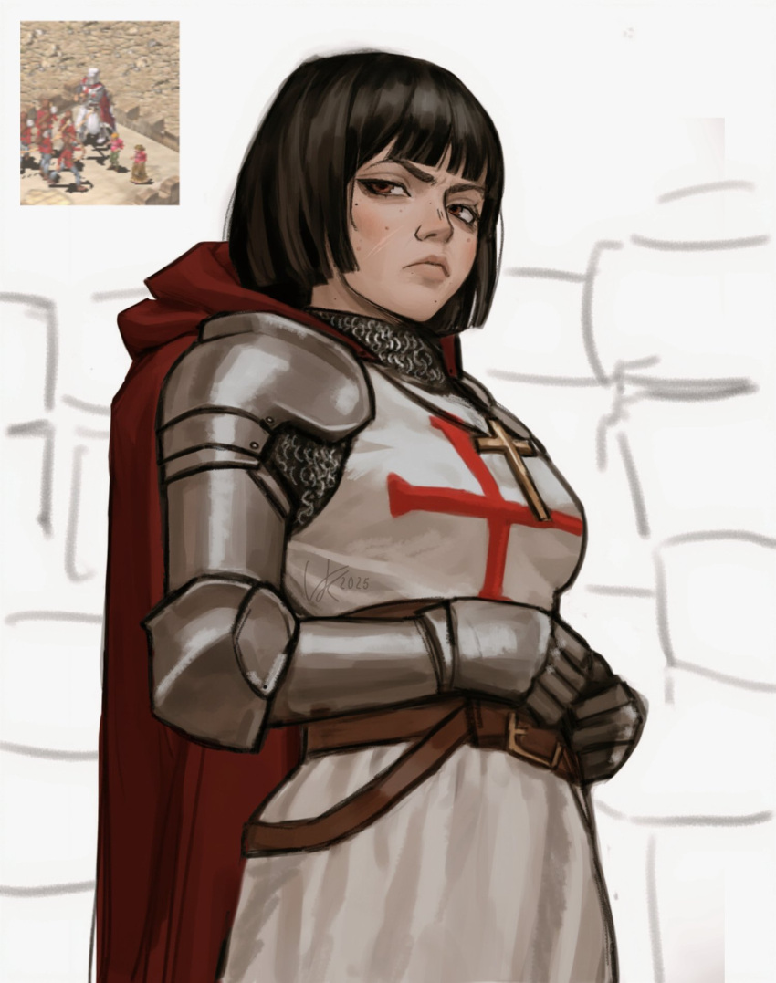 1girl, armor, black_hair, blunt_bangs, brown_eyes, chainmail, cloak, closed_mouth
