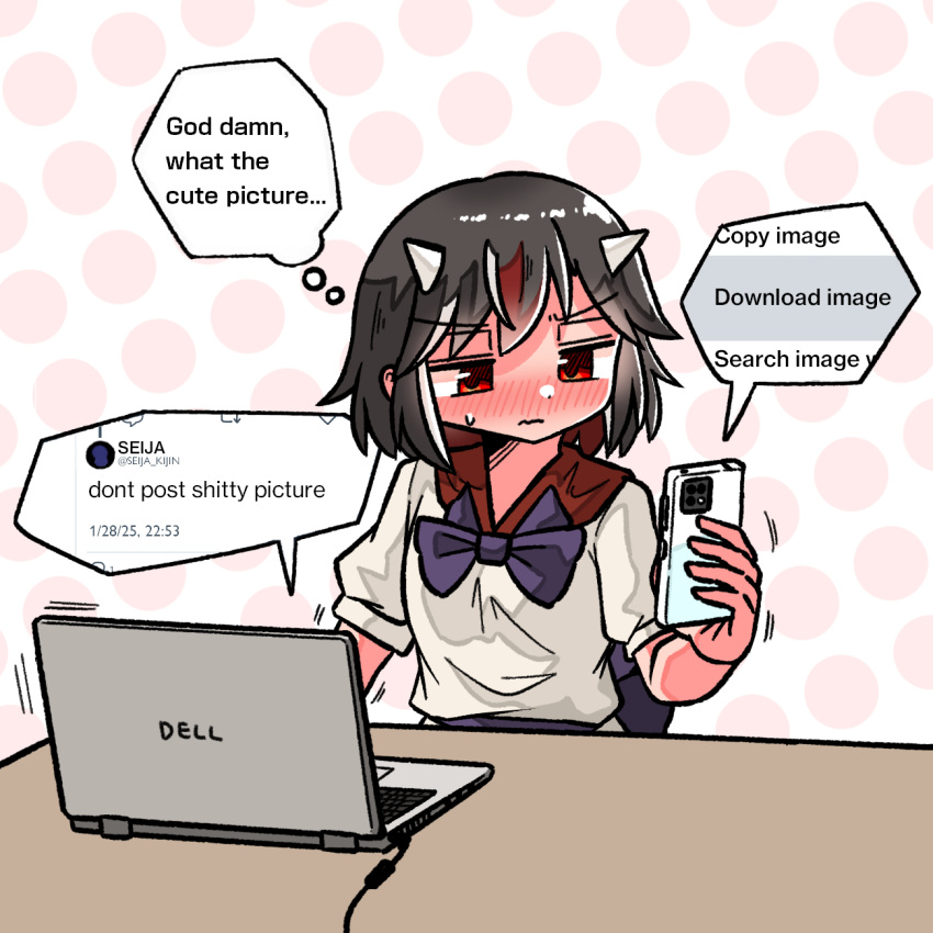 1girl, black_hair, blush, bow, bowtie, cellphone, closed_mouth, commentary_request
