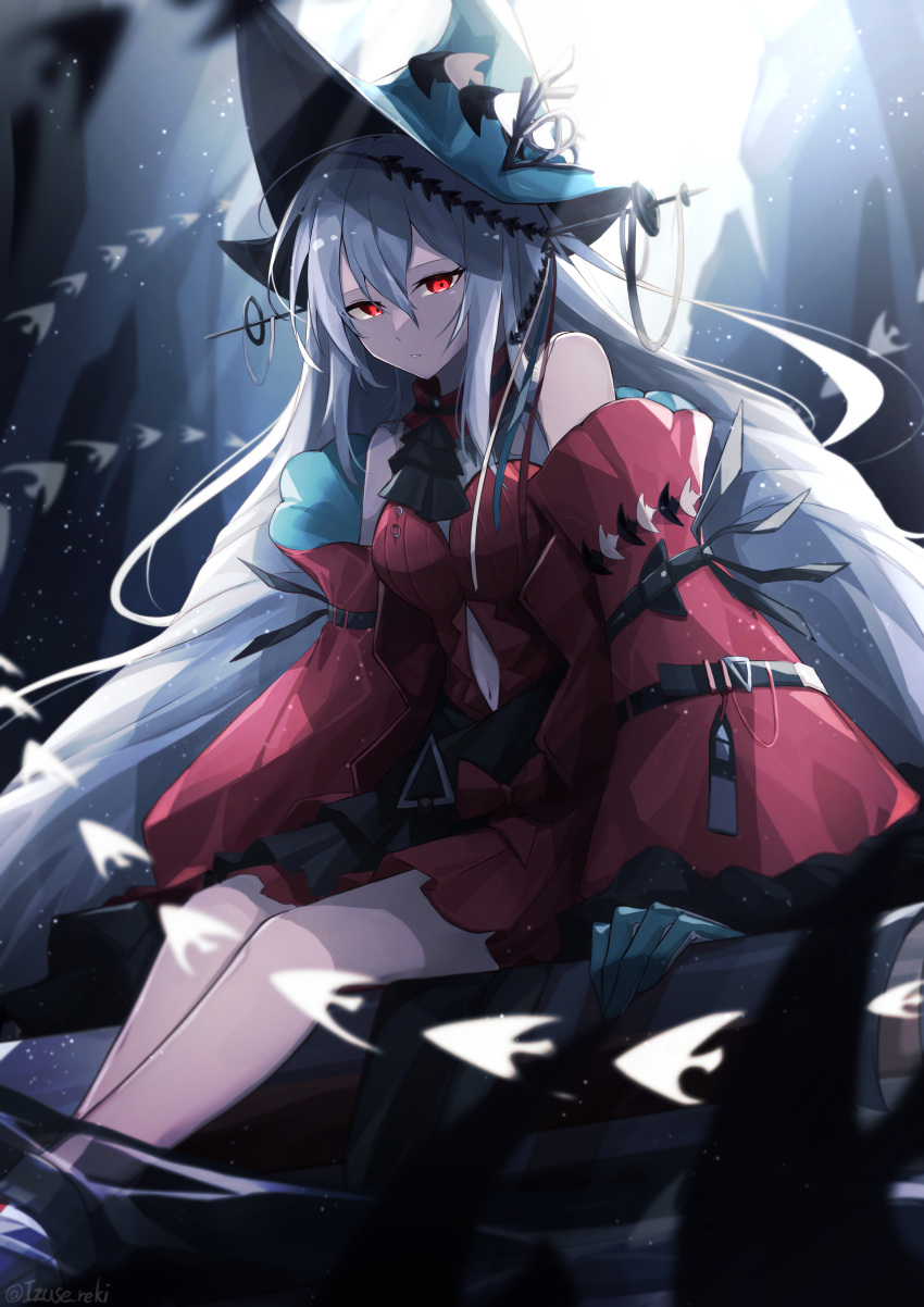1girl, absurdres, aqua_gloves, aqua_hat, arknights, ascot, bare_shoulders, black_ascot