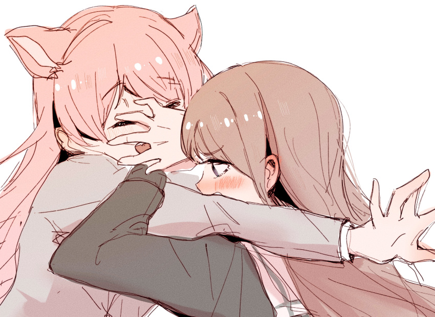 2girls, absurdres, bang_dream!, bang_dream!_it's_mygo!!!!!, blue_shirt, blush, brown_hair, chihaya_anon