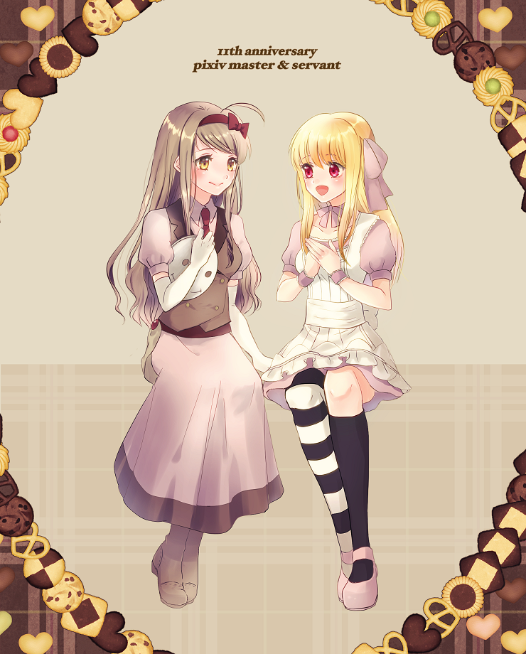2girls, ahoge, anniversary, ariarose_bewena, black_socks, blonde_hair, bow, breasts, brown_footwear, brown_hair, cookie, copyright_name, dress, echinacea_(pixiv_master_and_servant), elbow_gloves, food, full_body, gloves, hair_bow, kneehighs, miruniru, multiple_girls, necktie, own_hands_together, pink_footwear, pixiv_master_and_servant, red_necktie, short_sleeves, single_thighhigh, small_breasts, smile, socks, striped_clothes, striped_thighhighs, thigh-highs, white_gloves, yellow_eyes