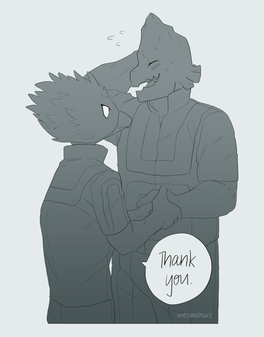 2boys, artist_name, beak, bird_boy, blush, boku_no_hero_academia, english_commentary, english_text