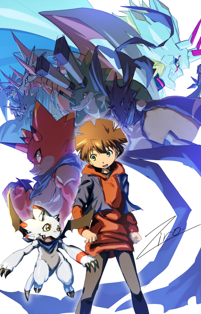 absurdres, amanokawa_hiro, betelgammamon, blue_jacket, brown_hair, canoweissmon, cropped_jacket, digimon, digimon_ghost_game, dragon, evolutionary_line, gammamon, green_eyes, gulusgammamon, highres, hood, hood_down, hoodie, horns, jacket, kausgammamon, red_hoodie, regulusmon, simple_background, siriusmon, sketch, triceratops, wezengammamon, white_background, ziro_illust