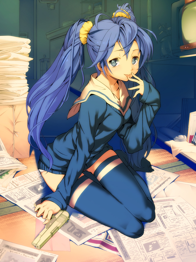 blue_eyes, blue_hair, finger_to_mouth, gun, imaichi_moenai_ko, kobe_shimbun, kobe_shinbun, newspaper