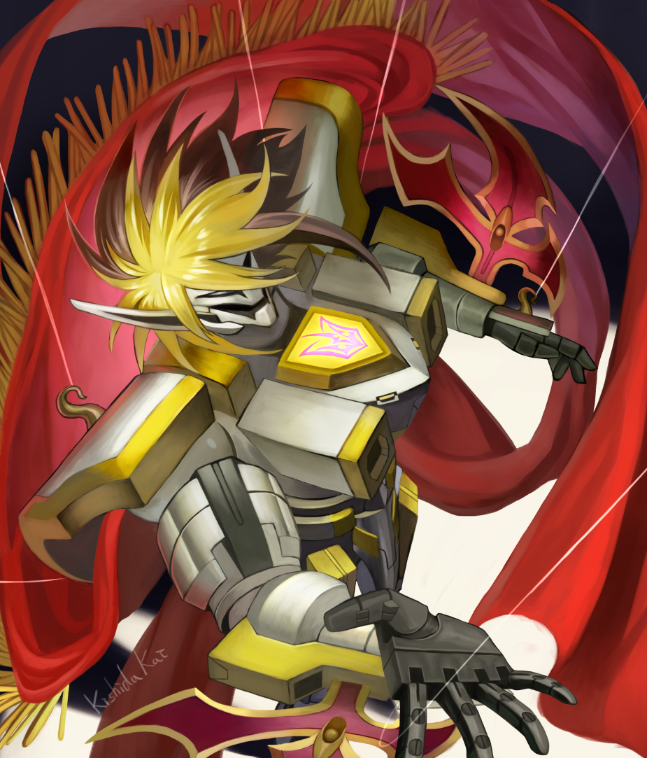1boy, artist_name, blonde_hair, brown_hair, cape, duel_monster, from_above, gimmick_puppet_fantasix_machinix, joints, mjb9xksqyt5h0f3, multicolored_hair, red_cape, robot_boy, solo, standing, string, two-tone_hair, yu-gi-oh!