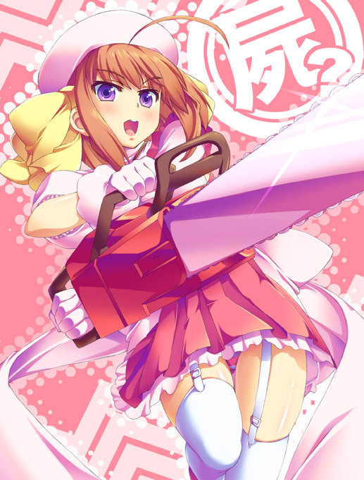 beret, brown_hair, chainsaw, garter_belt, gloves, haruna_(kore_wa_zombie_desu_ka?), hat, ibuki_mana