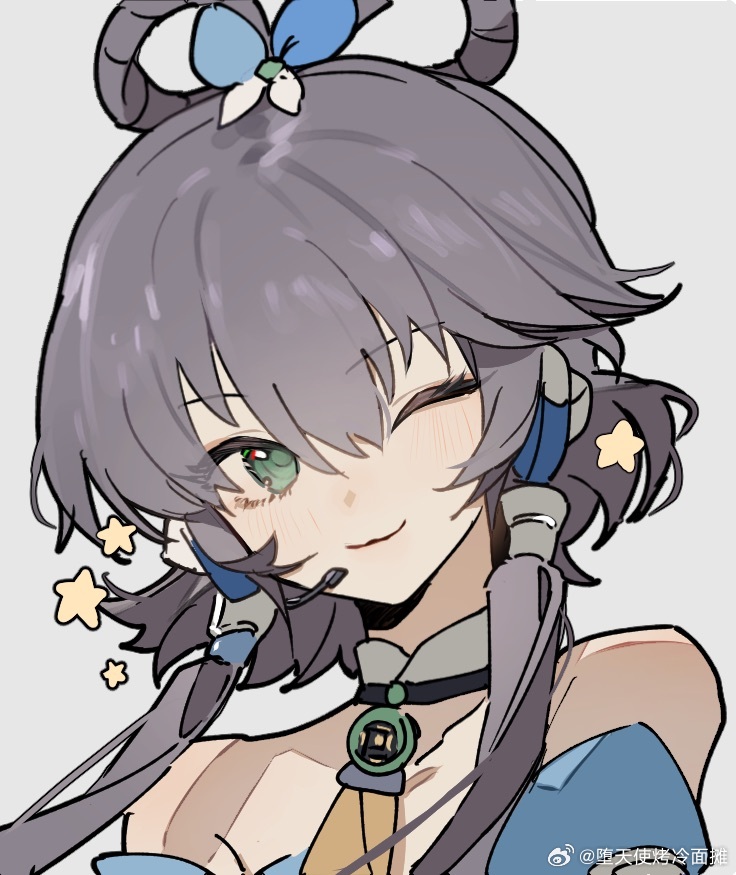 1girl, :3, ;), artist_name, bare_shoulders, blue_bow, bow, chinese_commentary