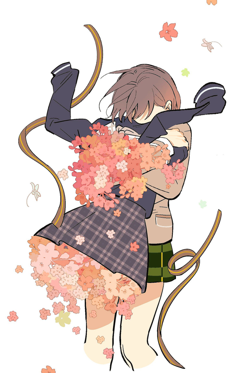 1girl, bang_dream!, bang_dream!_it's_mygo!!!!!, blazer, blue_serafuku, brown_hair, chinese_commentary, commentary_request, cropped_legs, dou_shuole_wo_meiyou_lian_chou_pi, floral_dissolve, flower, grey_jacket, haneoka_school_uniform, highres, hug, jacket, long_sleeves, orange_flower, pink_flower, plaid_clothes, plaid_skirt, pleated_skirt, red_flower, ribbon, school_uniform, serafuku, short_hair, skirt, solo, standing, takamatsu_tomori, togawa_sakiko, tsukinomori_school_uniform, unworn_clothes, unworn_ribbon, white_background, winter_uniform