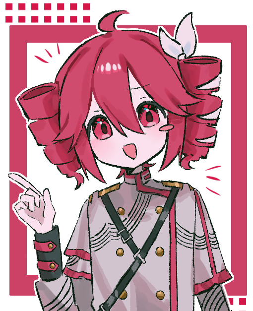 1girl, ahoge, animal_ears, collared_shirt, drill_hair, grey_shirt, hair_ribbon, hand_up