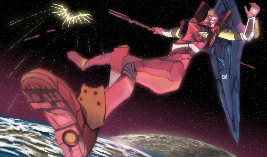 earth_(planet), eva_02, highres, kanegon_(facialexpression), lance_of_longinus_(evangelion), mecha, moon, neon_genesis_evangelion, no_humans, planet, robot, science_fiction, space, star_(sky)