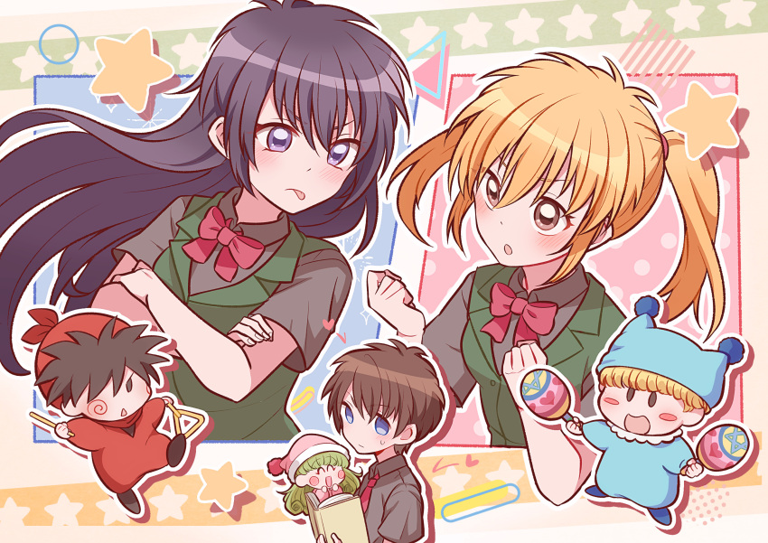 3boys, 3girls, black_hair, blonde_hair, blue_pajamas, bow, bowtie, brown_eyes