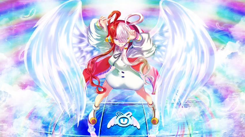 1girl, absurdres, angel_wings, dress, from_above, full_body, grin, hair_over_one_eye