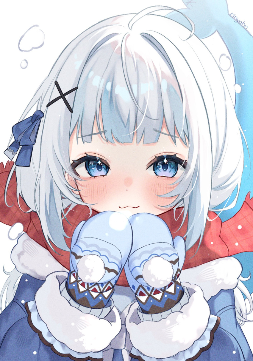 1girl, :3, ahoge, blue_eyes, blue_jacket, blue_mittens, blue_ribbon, blunt_bangs, blush, commentary, fins, fish_tail, fur-trimmed_sleeves, fur_trim, gawr_gura, gawr_gura_(6th_costume), hair_ornament, hair_ribbon, hashtag-only_commentary, heart, heart_in_eye, highres, hololive, hololive_english, jacket, long_sleeves, looking_at_viewer, mittens, official_alternate_costume, pom_pom_(clothes), red_scarf, ri_nyahn, ribbon, scarf, shark_tail, simple_background, smile, solo, straight-on, symbol-only_commentary, symbol_in_eye, tail, upper_body, virtual_youtuber, white_background, white_hair, x_hair_ornament