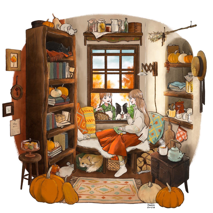 2girls, apron, autumn_leaves, basket, black_cat, blue_sky, book, book_on_lap