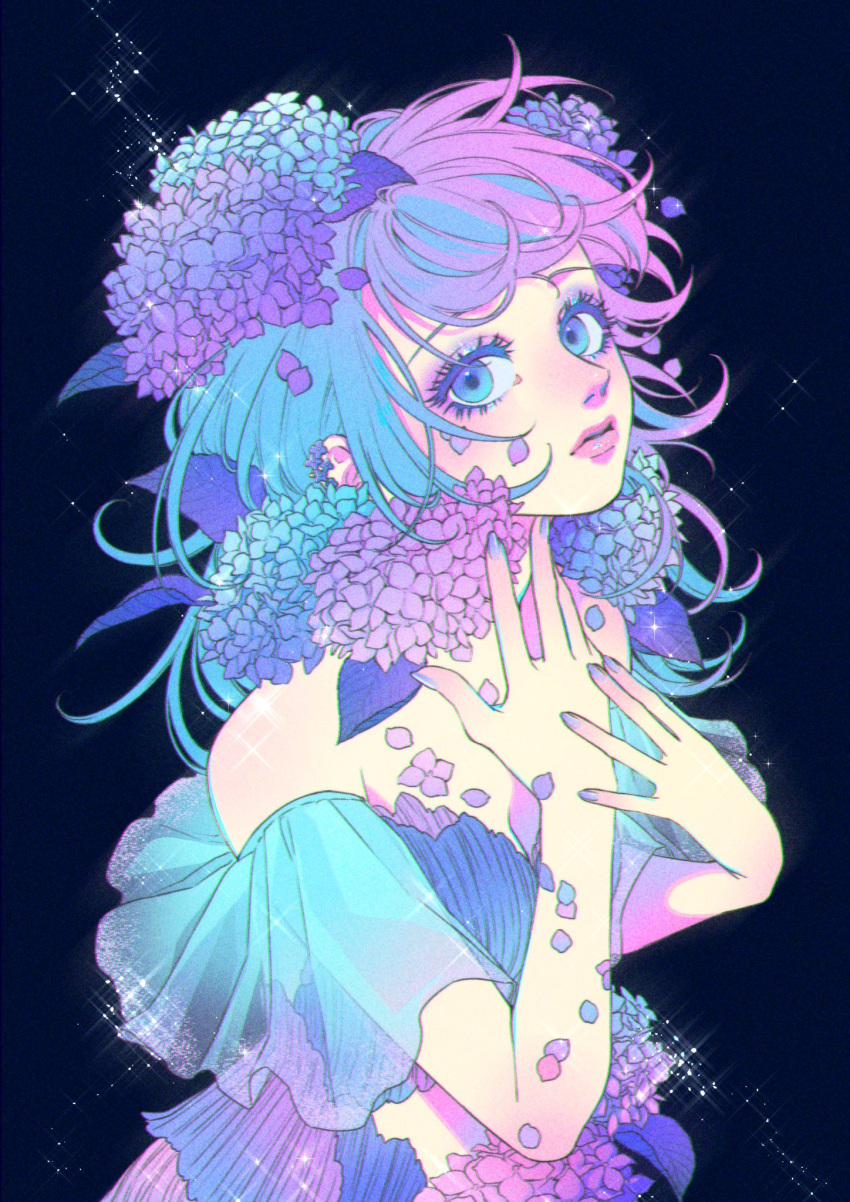 1girl, bad_id, bad_twitter_id, bare_shoulders, black_background, blue_eyes, closed_mouth, colored_eyelashes
