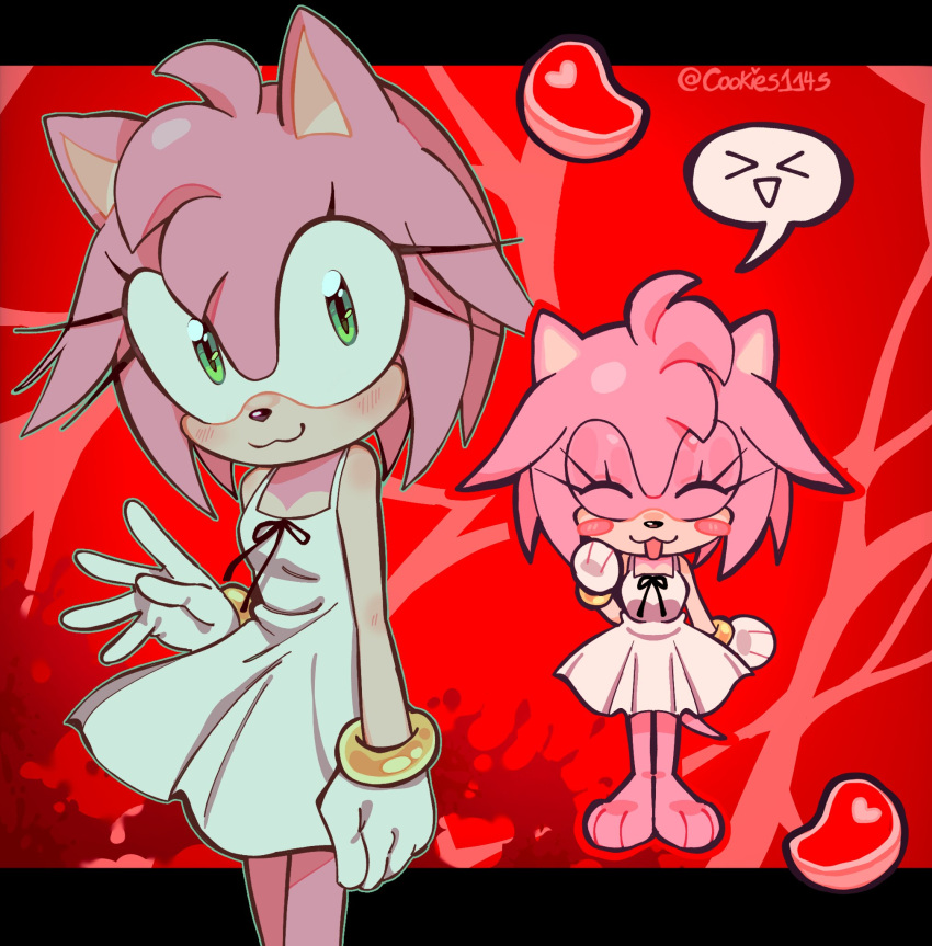 >_<, 1girl, :3, amy_rose, animal_ears, animal_nose, barefoot, black_border, black_bow, blush_stickers, border, bow, bracelet, cookies114s, cosplay, dress, food, furry, furry_female, gloves, gold_bracelet, green_eyes, hedgehog_girl, highres, jewelry, looking_at_viewer, meat, open_mouth, pink_fur, pink_hair, red_background, saya_(saya_no_uta), saya_(saya_no_uta)_(cosplay), short_tail, simple_background, solo, sonic_(series), standing, tail, white_dress, white_gloves