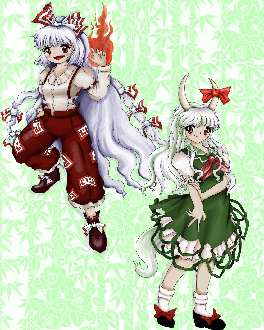 absurdres, bamboo, black_footwear, bow, commentary_request, dress, ex-keine, fire