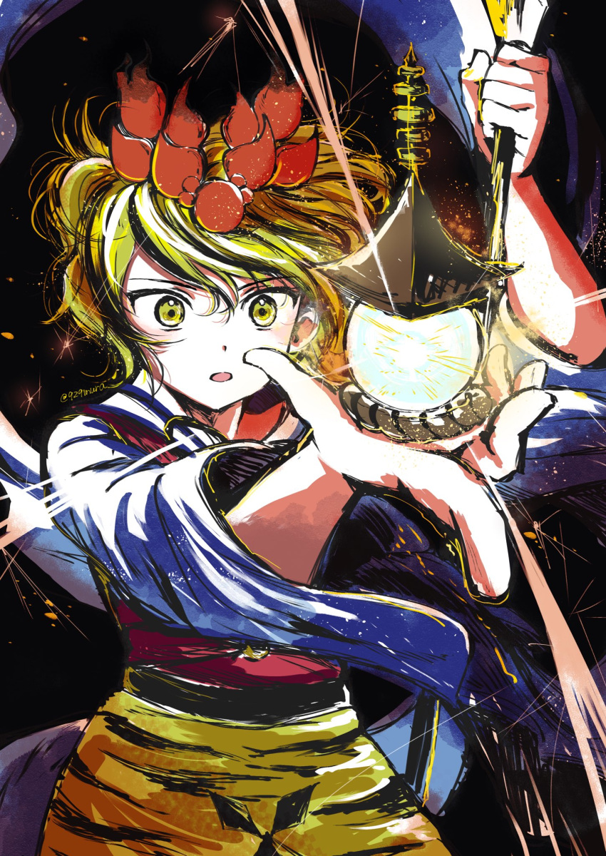 1girl, 929mura, animal_print, bishamonten's_pagoda, bishamonten's_spear, black_hair, blonde_hair, commentary