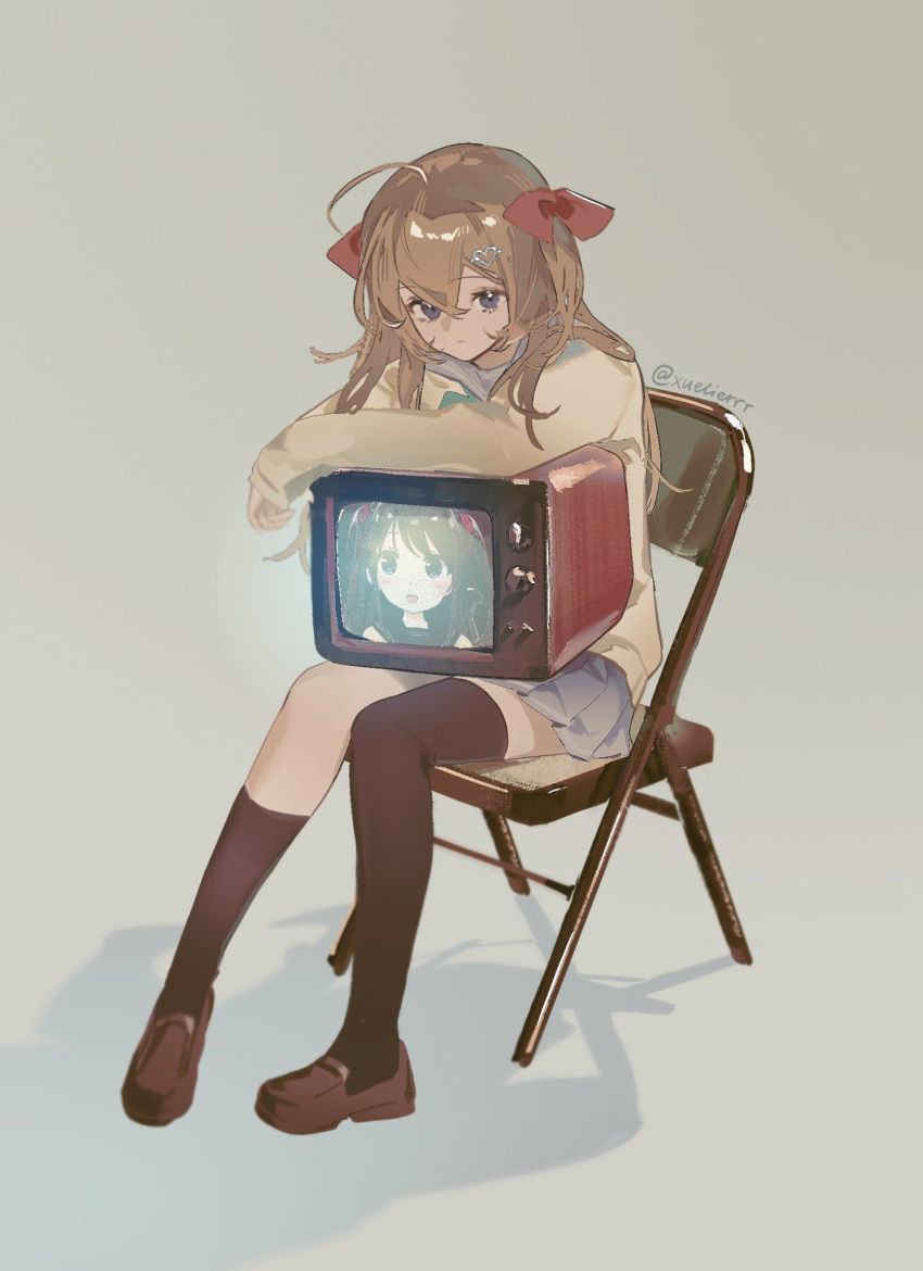 1girl, :d, artist_name, asymmetrical_legwear, black_socks, black_thighhighs, blue_eyes, blue_skirt